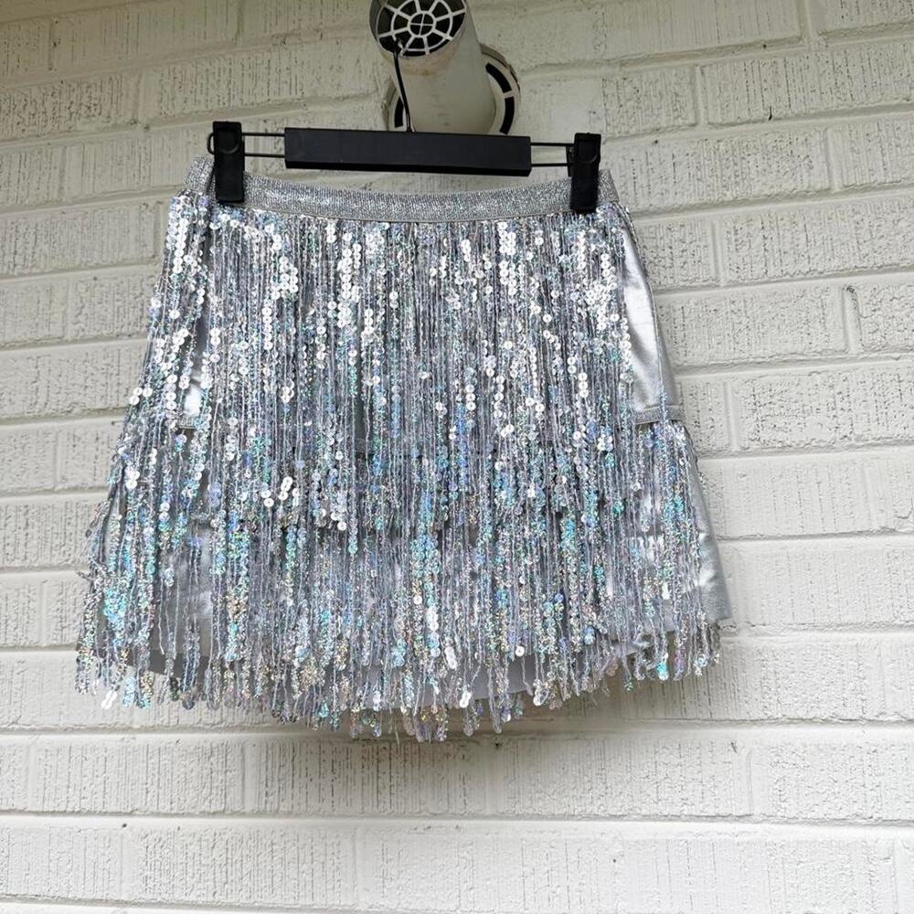 Silver Sequin Fringe Mini Skirt
